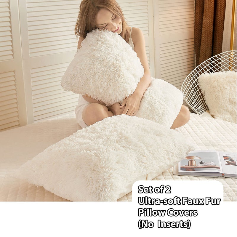 LIFEREVO 2 Pack Cream Faux Fur Pillow Shams,Shaggy Plush Home Decorative Luxury Series Super Soft Furry Pillow Case with Zipper Closure for Home Sofa Couch,Standard (Light Beige,20"x26") - Image 2